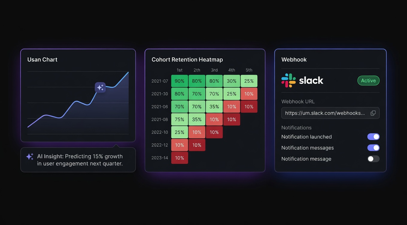 Intelligence IA des graphiques, cohortes LTV et automatisation par webhooks