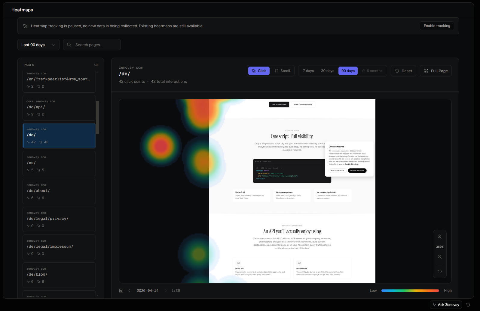 A click-and-scroll heatmap of a landing page, with attention concentrated near the top headline and the main call to action and fading further down the page