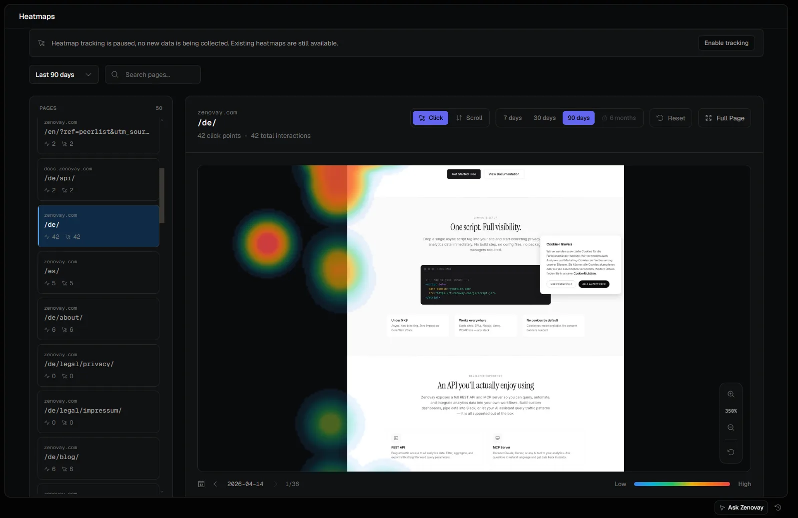 Eine Klick-und-Scroll-Heatmap einer Landingpage, bei der sich die Aufmerksamkeit nahe der oberen Überschrift und der Haupt-Handlungsaufforderung konzentriert und weiter unten auf der Seite verblasst